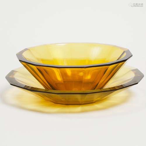 Moser Amber Cut Glass Bowl and Dish, 20th century, diameter