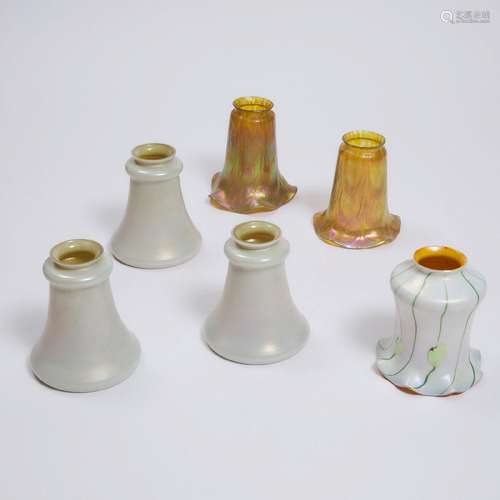 Six Various Iridescent and Calcite-Type Glass Shades, early