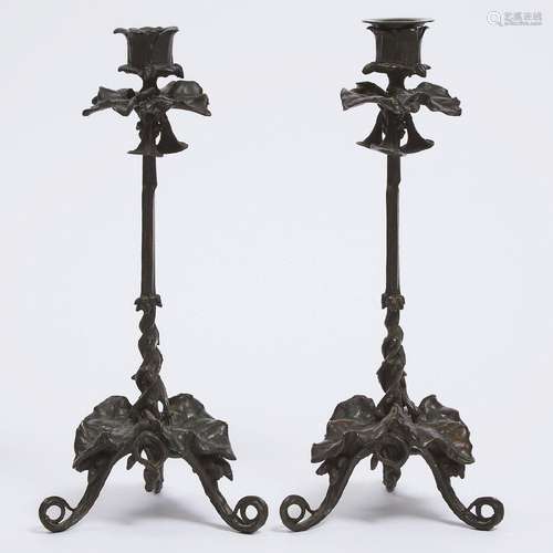 Pair of Naturalistic Movement Patinated Bronze Candlesticks