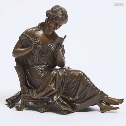 French Patinated Bronze Figure of a Seated Maiden Reading,