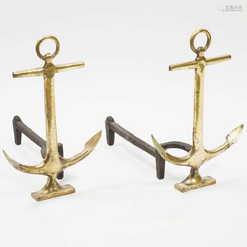 Pair of Brass Anchor Form Andirons, early-mid 20th century