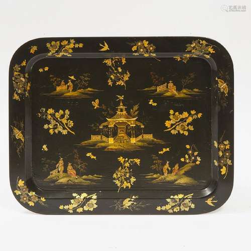 Regency Chinoiserie Decorated Black Lacquer Tea Tray, early