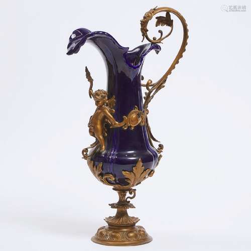 Large French Cobalt Blue Ceramic and Gilt Metal Ewer, mid 1