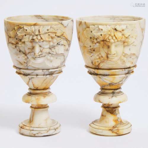 Pair of Italian Turned and Carved Alabaster Bacchanalian Cu