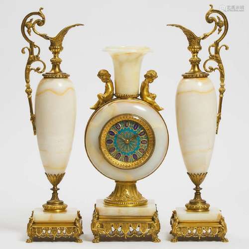 Three Piece French Aesthetic Movement Gilt Bronze and Onyx