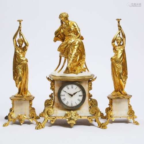 Three Piece French Figural Gilt Bronze and Marble Clock Gar