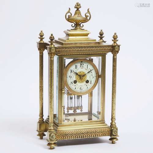 French Gilt Bronze Four Glass Panel Mantle Clock, early 20t