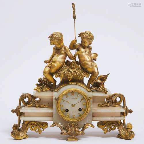 French Gilt Bronze and Alabaster Mantle Clock, mid 19th cen