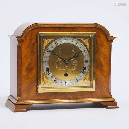 English Walnut Quarter Chiming Mantle Clock by Elliot of Lo