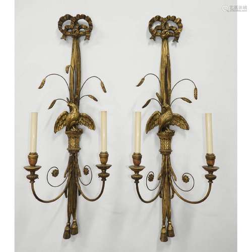 Pair of Neoclassical Style Giltwood Two Light Wall Sconces,