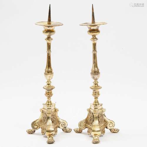 Pair of French Silvered Bronze Altar Pricket Candlesticks,