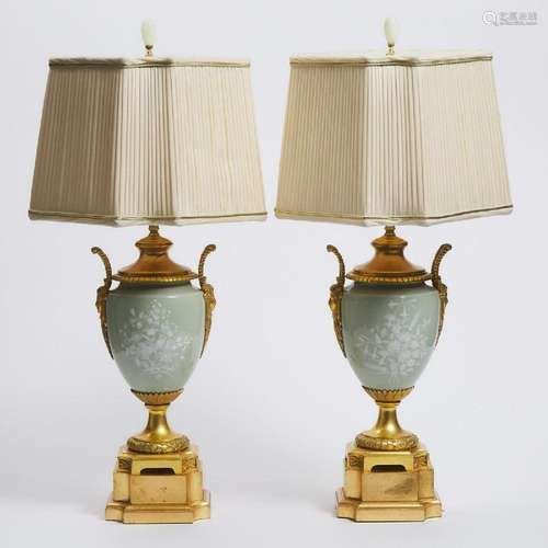 Pair of French Neoclassical Ormolu Mounted Celadon Pâte-ur-