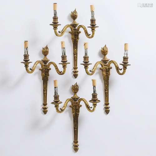 Set of Four French Gilt Bronze Two-Light Wall Sconces, earl