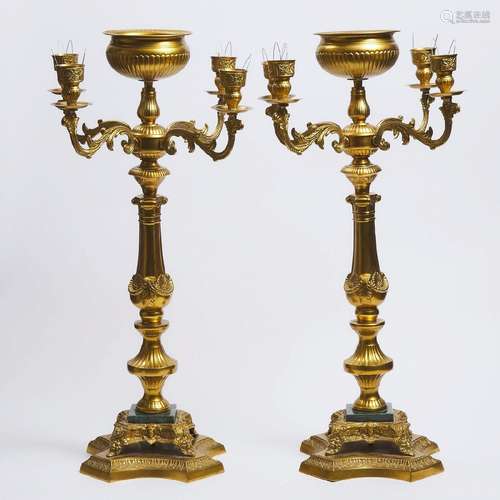 Large Pair of Marble Mounted Gilt Brass Banquet Candelabras