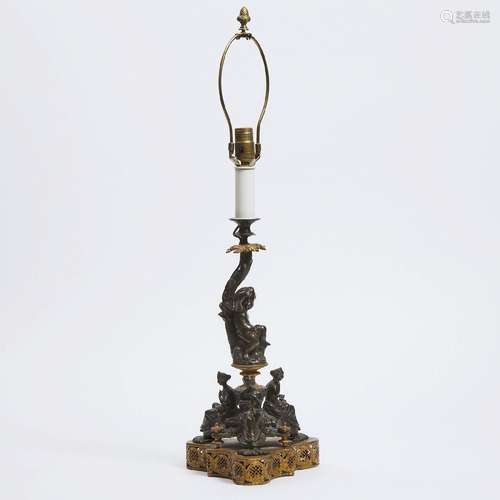 Neoclassical Gilt and Bronze Patinated Metal Table Lamp, ea