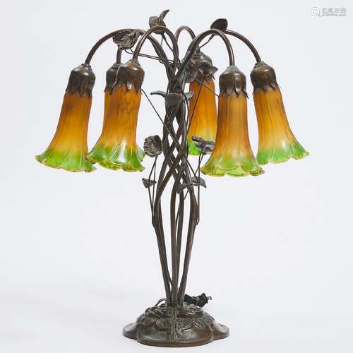 Tiffany Style Six Light Lily Form Table Lamp, 20th century,