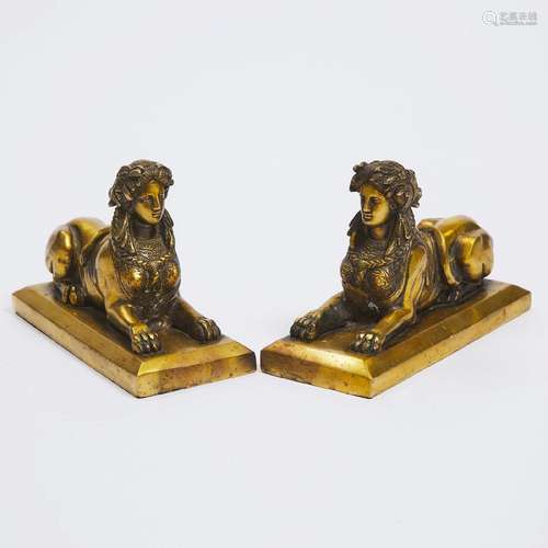 Pair of Gilt Brass Models of Sphinxes, 20th century, 6.25 x