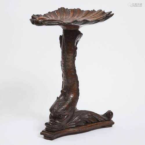 Venetian Carved Walnut Dolphin and Shell Form Grotto Stool,