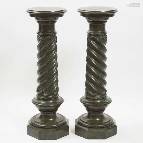 Large and Impressive Pair of Verde Antico Column Form Pedes