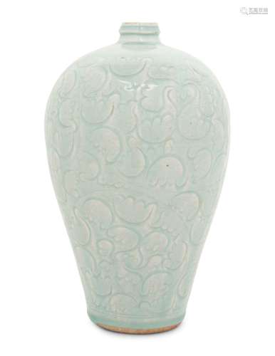 A Chinese Incised Yingqing Glazed Porcelain Meiping Vase