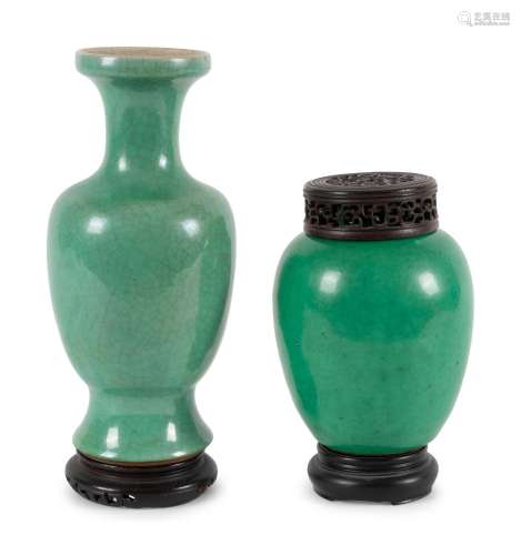 Two Chinese Monochrome Green Glazed Porcelain Vessels 19TH-2...