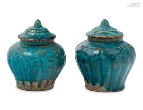 A Pair of Chinese Turquoise Glazed Stoneware Covered Jars 19...
