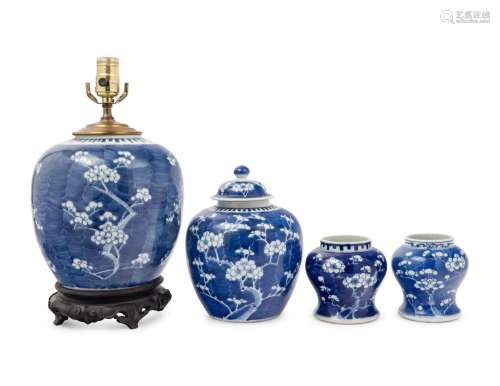 Four Chinese Blue and White Porcelain 'Crackled Ice and Prun...