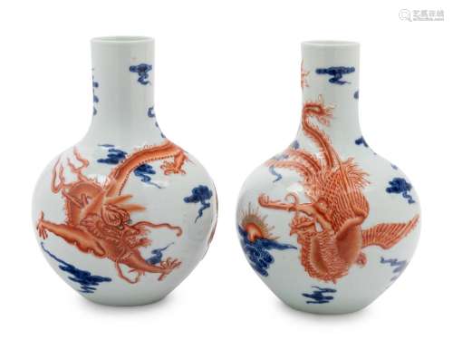 A Pair of Chinese Iron Red Decorated and Underglaze Blue Por...