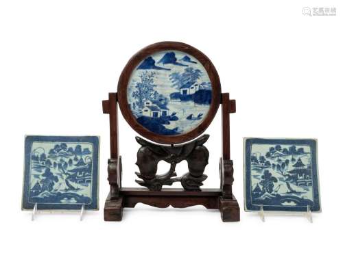 Three Chinese Export Canton Blue and White Porcelain Plaques...