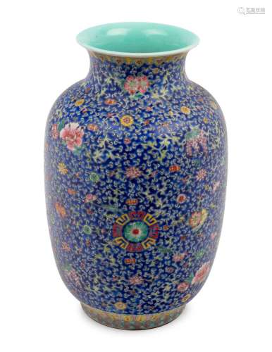 A Chinese Blue Ground Famille Rose Porcelain Baluster Vase 2...