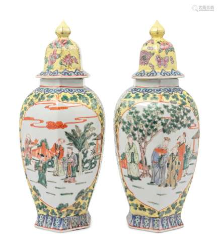 A Pair of Chinese Yellow Ground Famille Rose Hexagonal Vases...