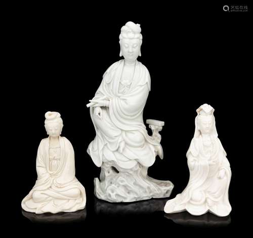 Three Chinese Blanc-de-Chine Porcelain Figures of Guanyin