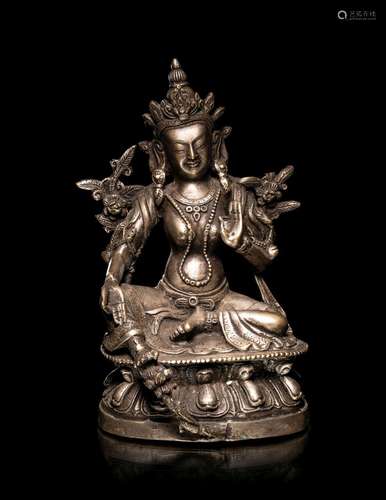 A Sino-Tibetan Silvered Metal Figure of Tara