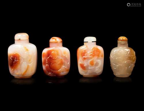 Four Large Chinese Carved Agate Snuff Bottles