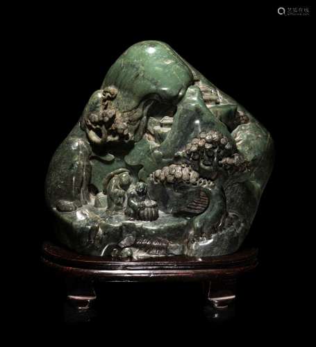 A Chinese Carved Spinach Jade 'Landscape' Boulder 20TH CENTU...