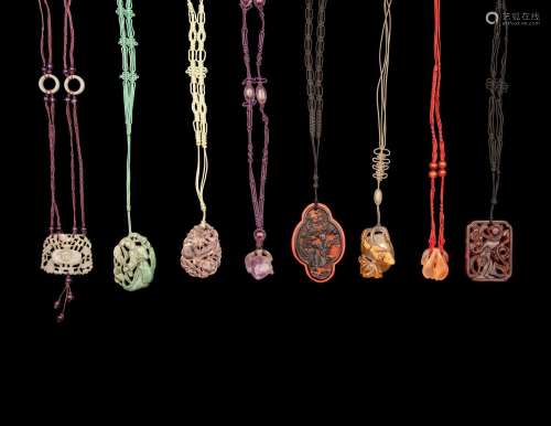 Eight Chinese Hardstone and Lacquer Pendants