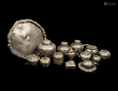 16 Chinese Hardstone Inset Pewter Articles LATE QING/REPUBLI...