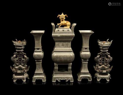A Chinese Pewter Five-Piece Altar Set LATE QING/REPUBLIC PER...