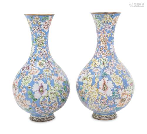 A Pair of Chinese Canton Enamel on Copper Bottles Vases EARL...