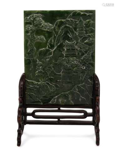 A Chinese Spinach Jade Inset Hardwood Table Screen 20TH CENT...