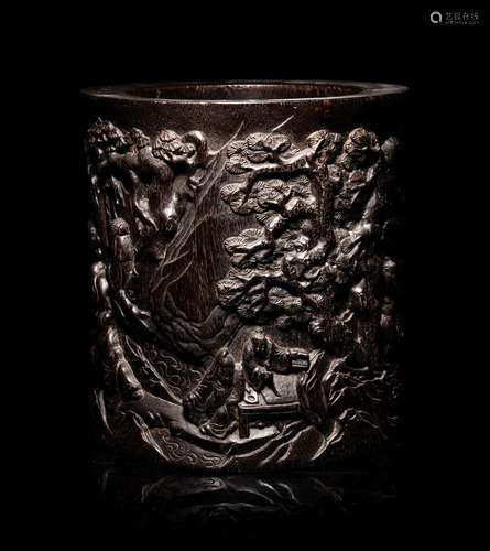 A Large Chinese Carved Hardwood Brushpot, Bitong 20TH CENTUR...