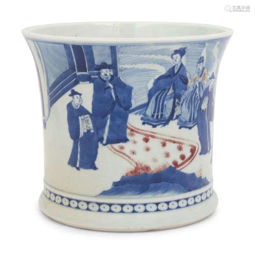 A Chinese Underglaze Blue and Copper Red Porcelain Brushpot,...