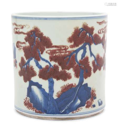A Chinese Underglaze Blue and Copper Red Porcelain Brushpot,...