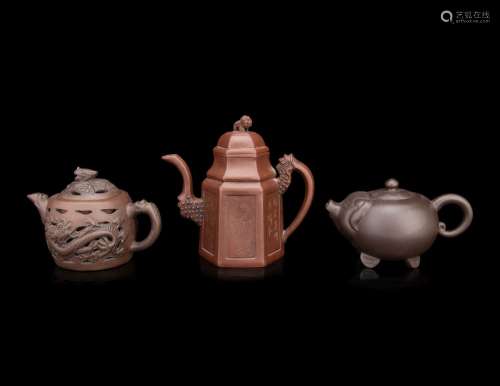 Three Chinese Yixing Zisha Pottery Teapots 20TH CENTURY