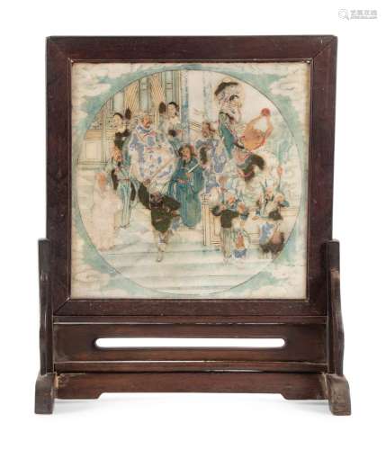 A Chinese Painted Hardstone Inset Hardwood Table Screen LATE...