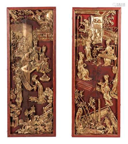 A Pair of Chinese Carved Gilt and Red Lacquered Wood Panels
