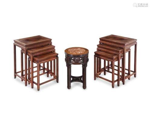 Two Sets of Chinese Hardwood Nesting Tables, together with a...