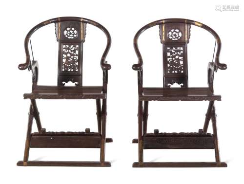 A Pair of Chinese Hardwood Traveling Armchairs, Jiaoyi 20TH ...