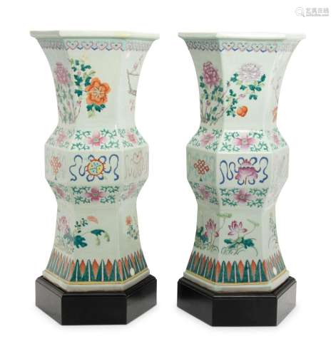 A Pair of Large Chinese Famille Rose Porcelain Hexagonal Gu-...