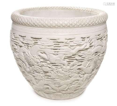 A Large Carved White Glazed Porcelain Fish Bowl
